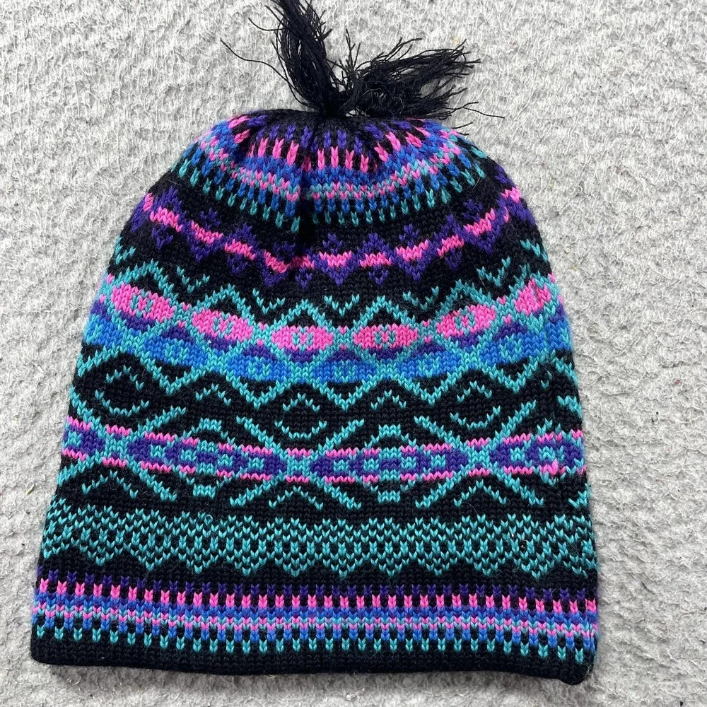 Vintage Meister Hat Beanie Unisex One Size Black Fair Isle Tassel Winter Warm
